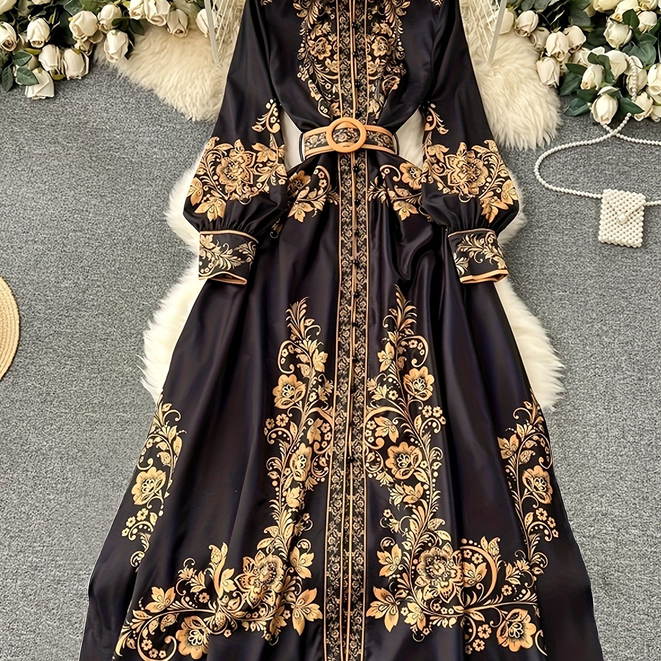 [Retro Dress] Autumn Retro Women's Long Sleeve Ethnic Print Dress with Belt m186 SS69 25.69 Polychrome / XL