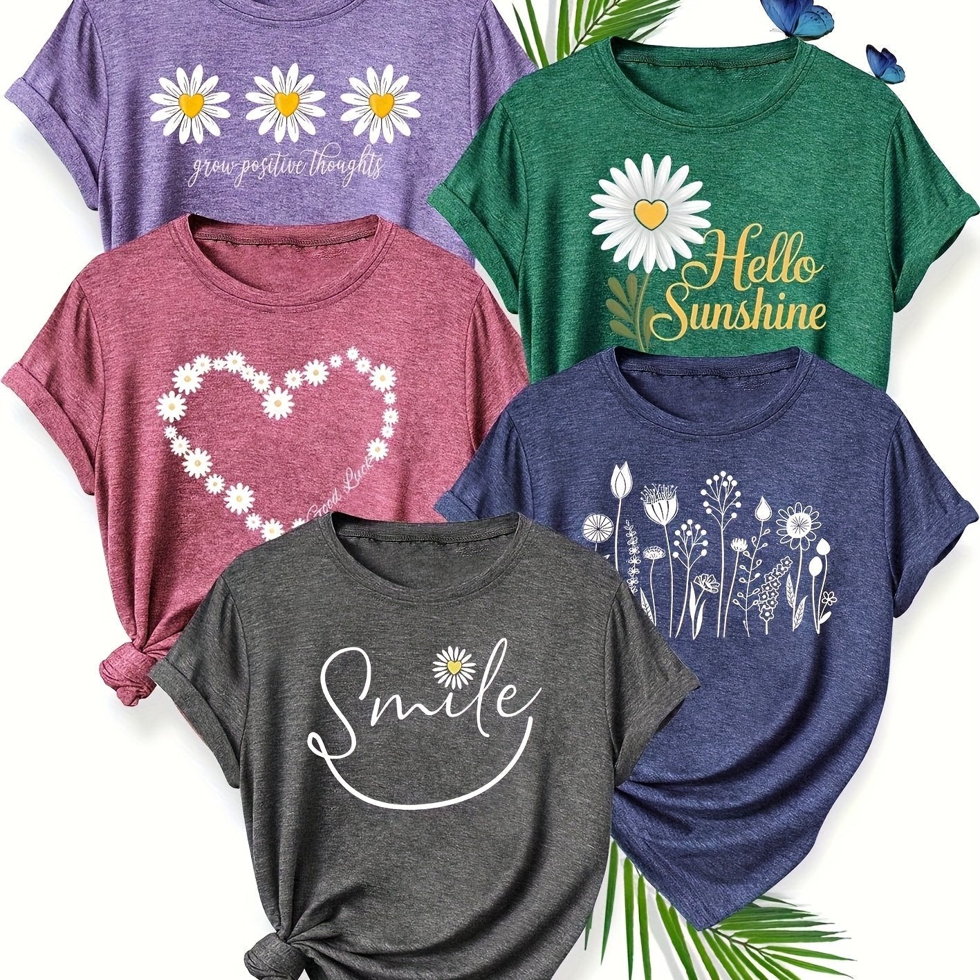 5pcs Women'S Casual Crew Neck Short Sleeve T-Shirts - Floral, Heart, and Smile Print Designs in Purple, Green, Pink, and Blue - Soft Stretch Fabric for Spring, Summer, and Fall, Plus Sizes Available, Plus Size Tee | Floral Pr SS69 47.69 Mixed Color 16 / XXL