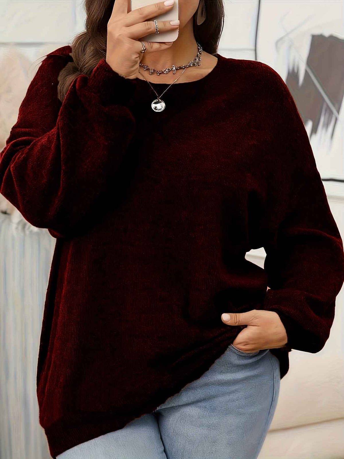 Plus Size - Women'S Solid Color Crew Neck Sweater | Casual Style, Medium Stretch Fabric, Ideal for Fall/Winter