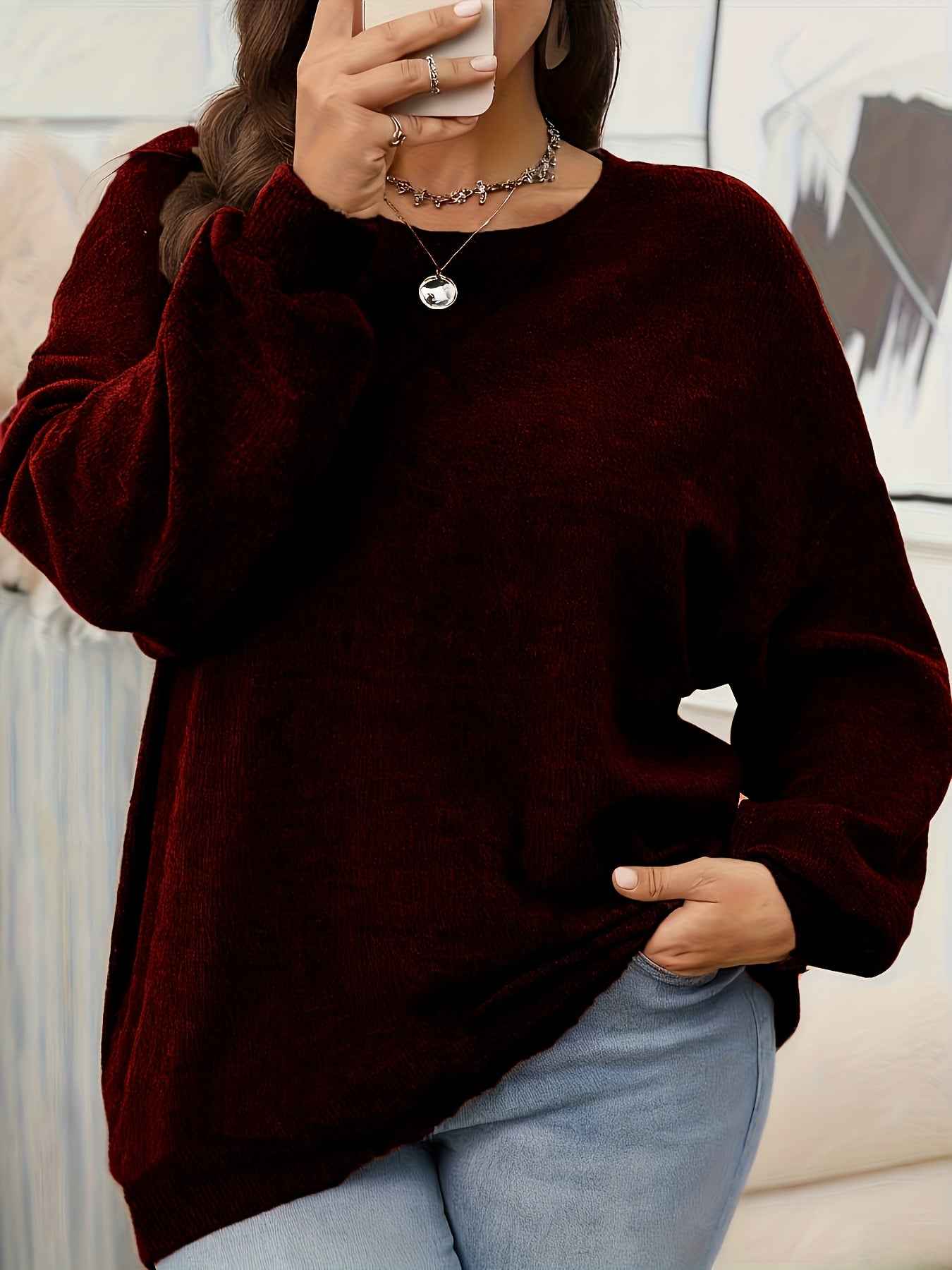 Plus Size - Women'S Solid Color Crew Neck Sweater | Casual Style, Medium Stretch Fabric, Ideal for Fall/Winter