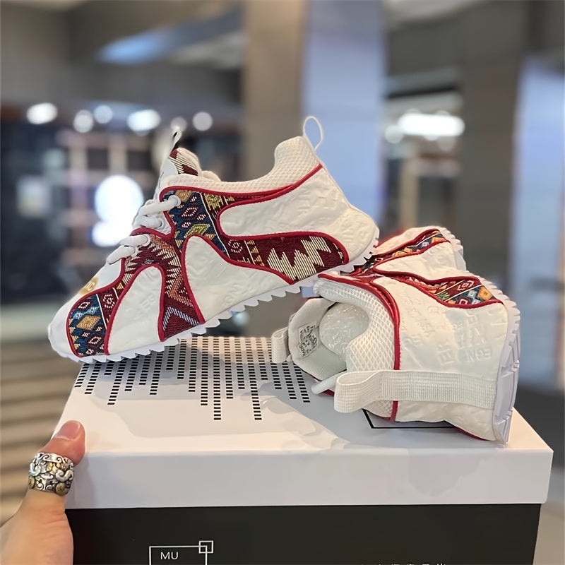 Men's Colorful Geometric Print Chunky Sneakers - Stylish Athletic & Casual Shoes with Thick PVC Sole, Breathable Fabric Lining, and Durable PU Upper for All-Day Comfort SS69