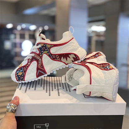 Men's Colorful Geometric Print Chunky Sneakers - Stylish Athletic & Casual Shoes with Thick PVC Sole, Breathable Fabric Lining, and Durable PU Upper for All-Day Comfort SS69