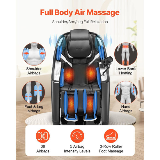 VEVOR Dual-Core 4D+3D Full Body Massage Chair, with Extended SL Track, Deep Yoga Stretch, Electric Extendable Footrest, TFT, AI Voice Control, Heat, Airbags, Armrest Controls, Wheels SS69