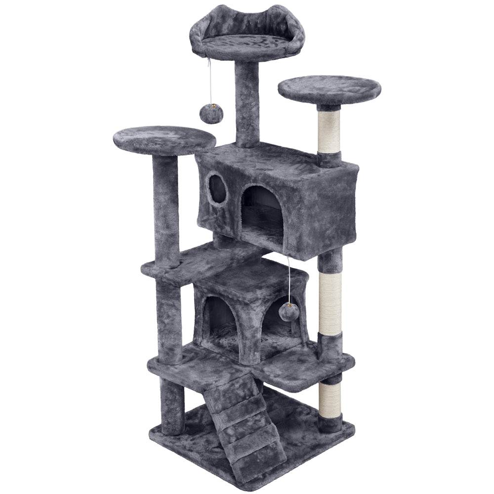 Costoffs Cat Tree 54in/70in/62in/80in/23.5in Cat Tower Condo with 2 Condos & 2 Dangling Balls & 3 Scratching Posts Large Cat House for for Kittens & Cats, Dark Gray/Light Gray/Beige/Black/Pink/Brown/Navy Blue/Green, Brown/W SS69