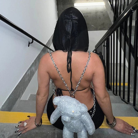 Darlingaga Strewtwear Punk Style Rivet Party Crop Top Bra Fashion Clubwear Hooded Sexy Tops Camisole Backless Lace Up Grunge New - SS69