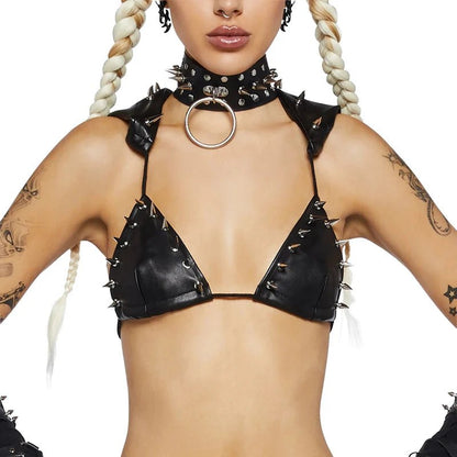 Darlingaga Strewtwear Punk Style Rivet Party Crop Top Bra Fashion Clubwear Hooded Sexy Tops Camisole Backless Lace Up Grunge New - SS69