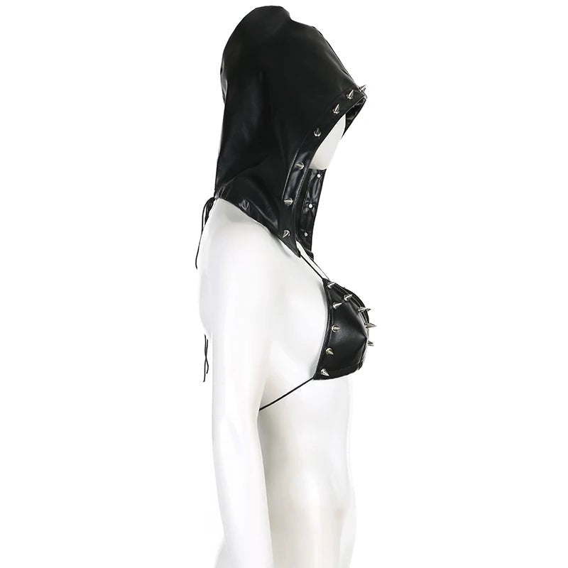 Darlingaga Strewtwear Punk Style Rivet Party Crop Top Bra Fashion Clubwear Hooded Sexy Tops Camisole Backless Lace Up Grunge New - SS69