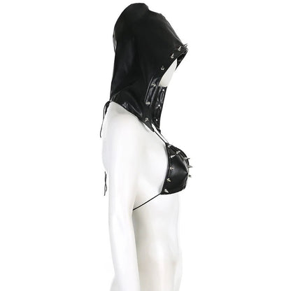 Darlingaga Strewtwear Punk Style Rivet Party Crop Top Bra Fashion Clubwear Hooded Sexy Tops Camisole Backless Lace Up Grunge New - SS69
