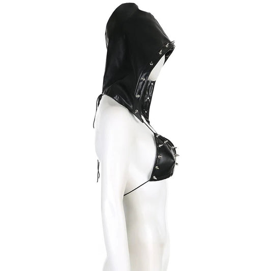 Darlingaga Strewtwear Punk Style Rivet Party Crop Top Bra Fashion Clubwear Hooded Sexy Tops Camisole Backless Lace Up Grunge New - SS69