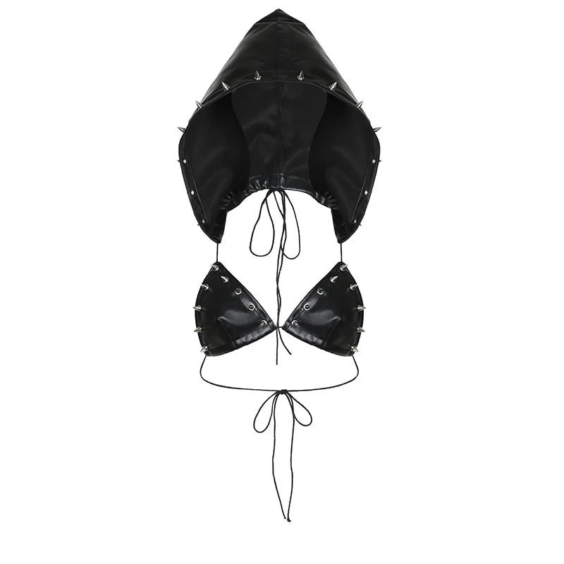 Darlingaga Strewtwear Punk Style Rivet Party Crop Top Bra Fashion Clubwear Hooded Sexy Tops Camisole Backless Lace Up Grunge New - SS69