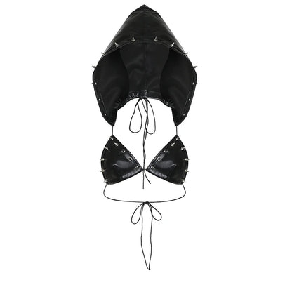 Darlingaga Strewtwear Punk Style Rivet Party Crop Top Bra Fashion Clubwear Hooded Sexy Tops Camisole Backless Lace Up Grunge New - SS69