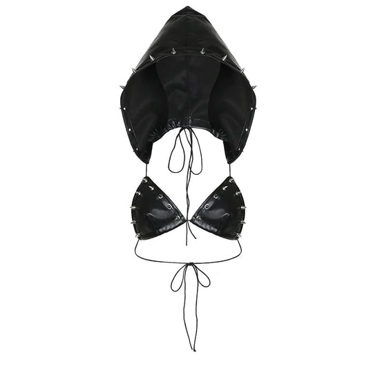 Darlingaga Strewtwear Punk Style Rivet Party Crop Top Bra Fashion Clubwear Hooded Sexy Tops Camisole Backless Lace Up Grunge New - SS69