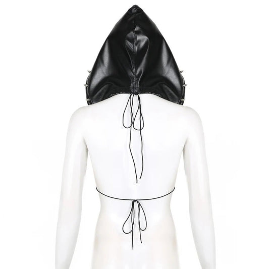 Darlingaga Strewtwear Punk Style Rivet Party Crop Top Bra Fashion Clubwear Hooded Sexy Tops Camisole Backless Lace Up Grunge New - SS69