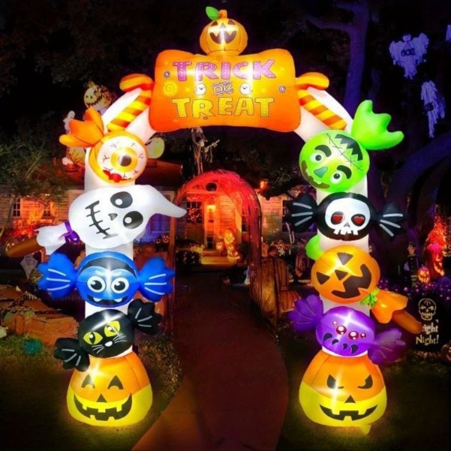 Kalolary 10ft Halloween Inflatable Archway with Candy, Pumpkins, Bats & Skulls - LED-Lit Spooky Yard Decor, High Quality Polyester, Built-in Blower, Stakes & Ropes for Indoor/Outdoor Garden, Lawn, Patio SS69