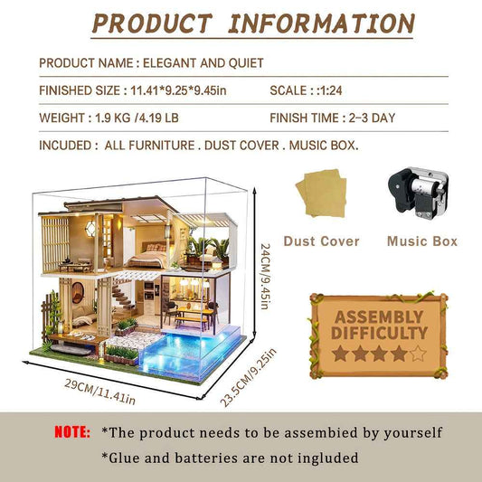 A Miniature Dollhouse Kit Featuring Furniture, a Wooden House Model Complete with a Dust Cover And a Music Box, Designed at a 1:24 Scale, Perfect As an Elegant Gift for Adult Friends Or Lovers on Their Birthday (Glue Not Incl