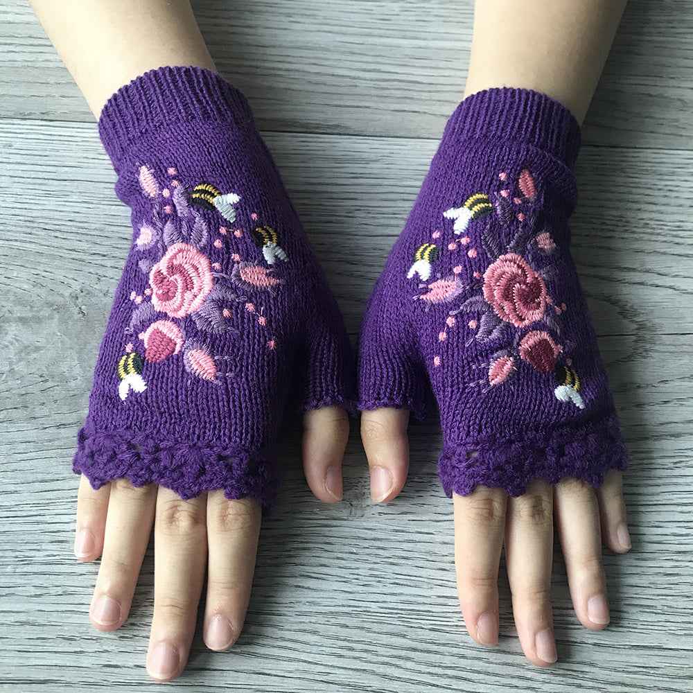 Short Fingerless Elastic Flower Bee Embroidered Knit Gloves Autumn Winter Coldproof Warm Gloves
