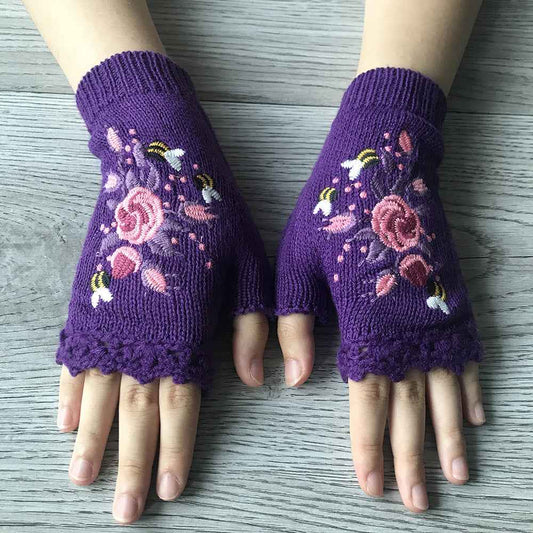 Short Fingerless Elastic Flower Bee Embroidered Knit Gloves Autumn Winter Coldproof Warm Gloves