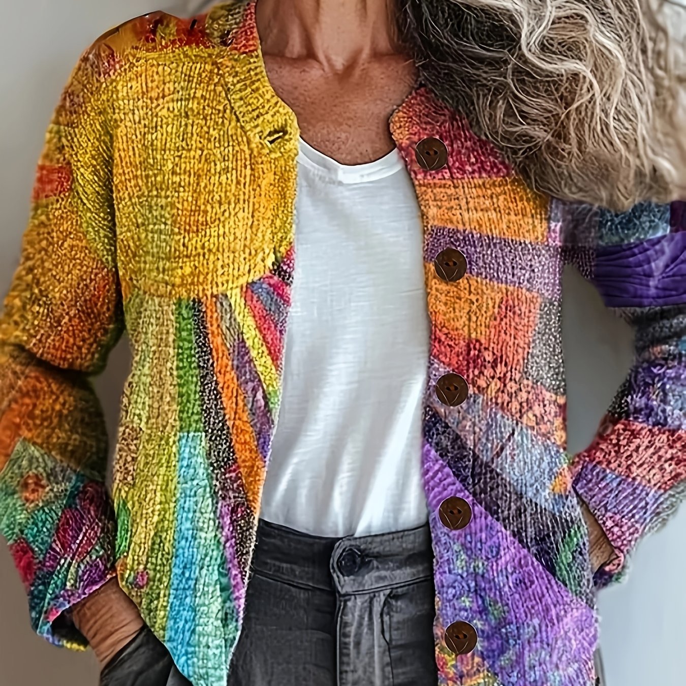 Vibrant Rainbow Print Open Cardigan - 3D Full-Sleeve Polyester Knit with Round Neck & Button Closure, Hand Wash or Dry Clean, All-Season Young Style, Casual Wear Cardigan | Youthful Style Cardigan | Microelastic Fabric, Light SS69 32.69 Mixed Color / XL