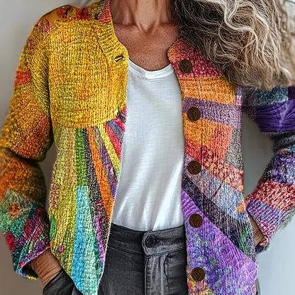 Vibrant Rainbow Print Open Cardigan - 3D Full-Sleeve Polyester Knit with Round Neck & Button Closure, Hand Wash or Dry Clean, All-Season Young Style, Casual Wear Cardigan | Youthful Style Cardigan | Microelastic Fabric, Light SS69 32.69 Mixed Color / XL
