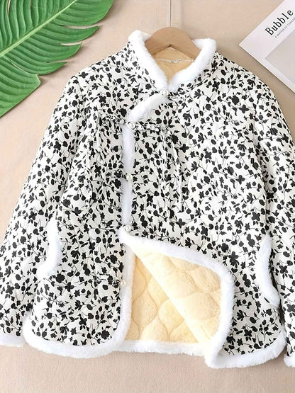 Plus Size, Women's Chinese Style Winter Coat with Cheona Collar (Standing Pronunciation) - Thick Padded Warm Jacket, Retro Button Front, Zipper Back Closure, Machine Washable Outerwear