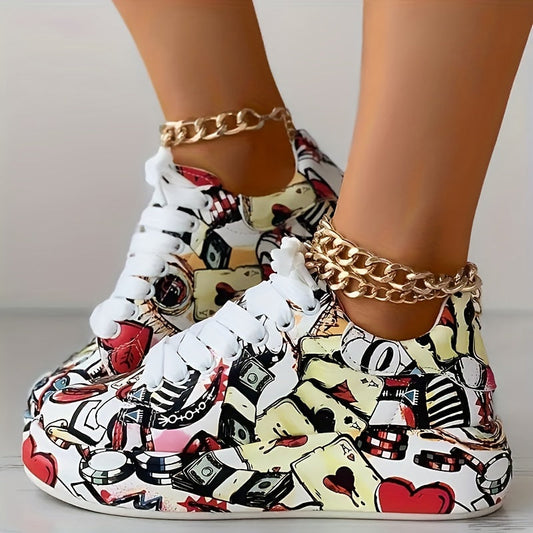 Women's Graffiti Print Low-Top Sneakers - Fashionable Lace-Up Casual Skate Shoes with Playing Card, Dice & Coin Designs on White Base, Black & Red Accents, Comfortable PU Cover Upper & Rubber Sole for All-Day Wear, Themed Cas SS69 33.69 【Red】 / US 9