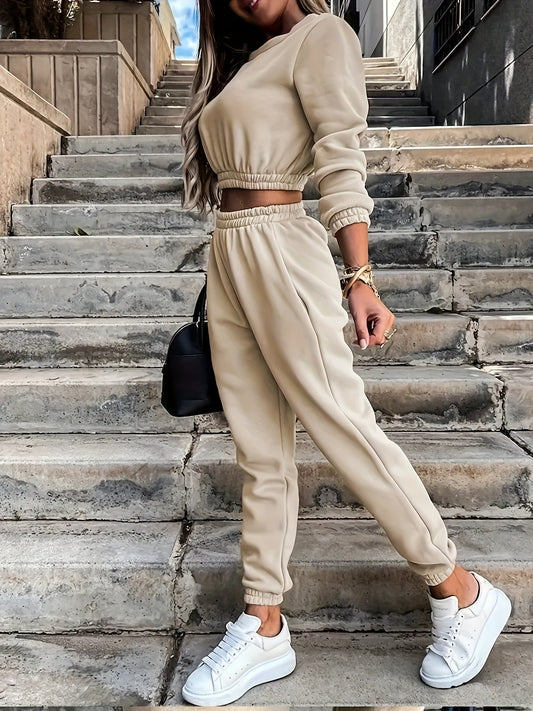 Women's New Round Neck Elastic Waist Top And Trousers Two-piece Set SS69