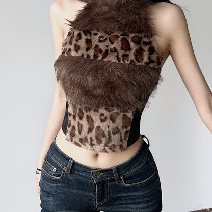 Retro Furry Patchwork Leopard Print Color-Blocked High-Neck Crop Top, Sleeveless And Sexy Backless, Inspired by Japanese And Korean Street Fashion. SS69 25.69 Mixed Color / Asian L