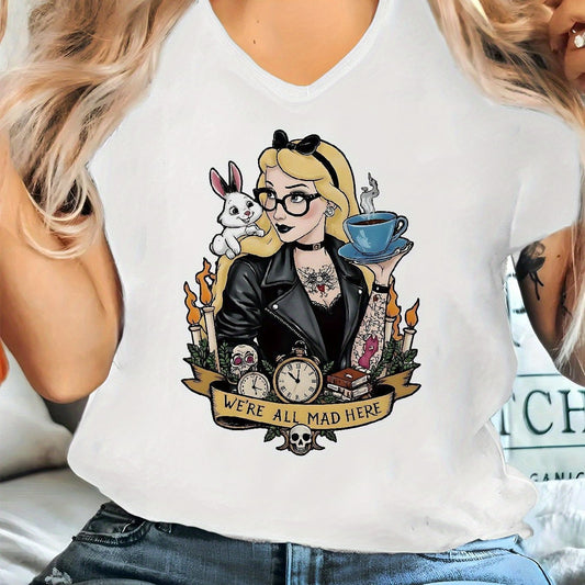 Women'S Gothic Style V-Neck T-Shirt with Alice in Wonderland Print - High-Quality Casual Short Sleeve Top, Floral Design, Perfect for Commuting & Gifting, Halloween & Christmas Horror Night Theme, Halloween Shirts SS69 14.69 White / XXL