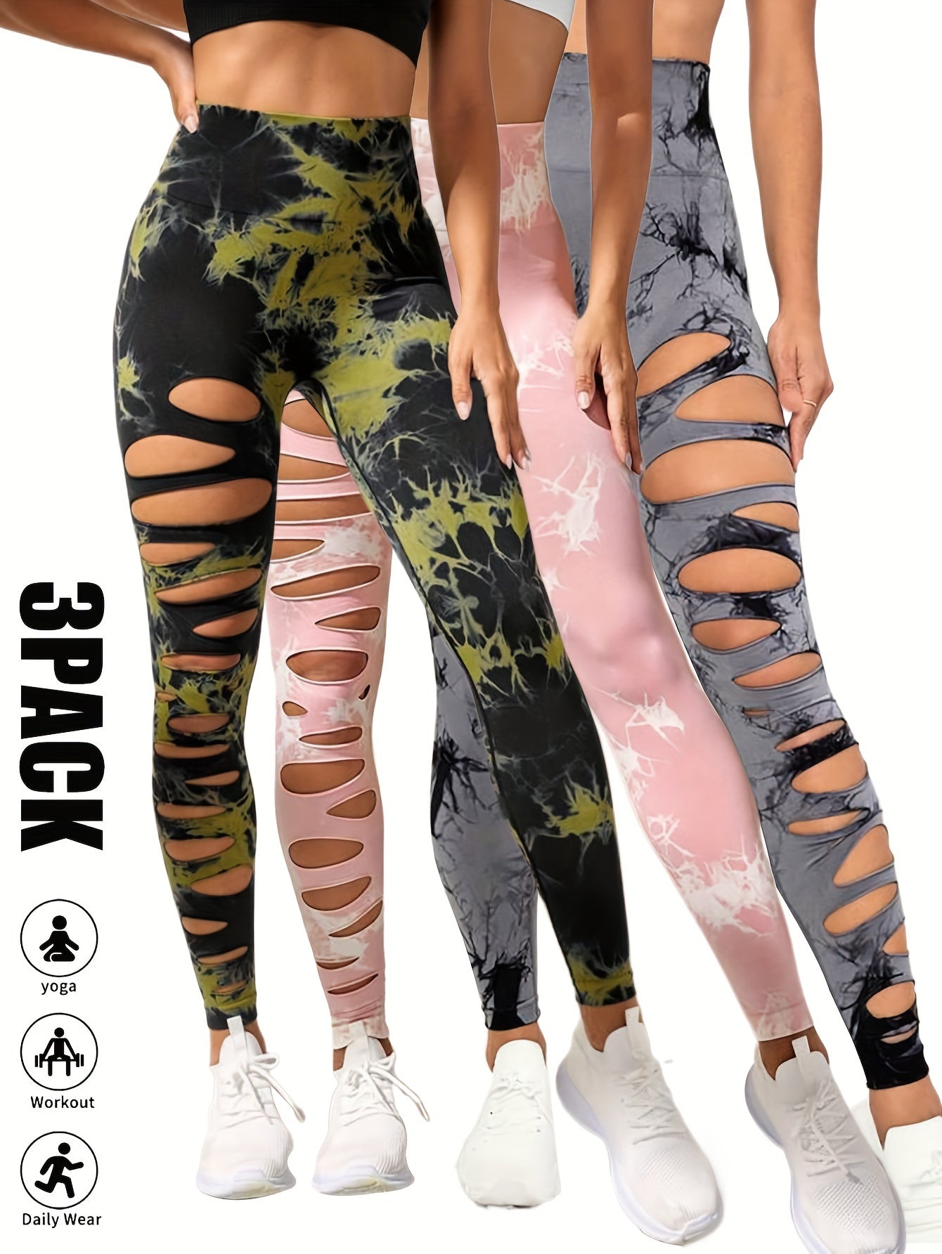 3 Pack High Waist Tie Dye Cutout Yoga Leggings - Scrunch Butt Lifting, Tummy Control, Elastic Workout Pants for Women SS69