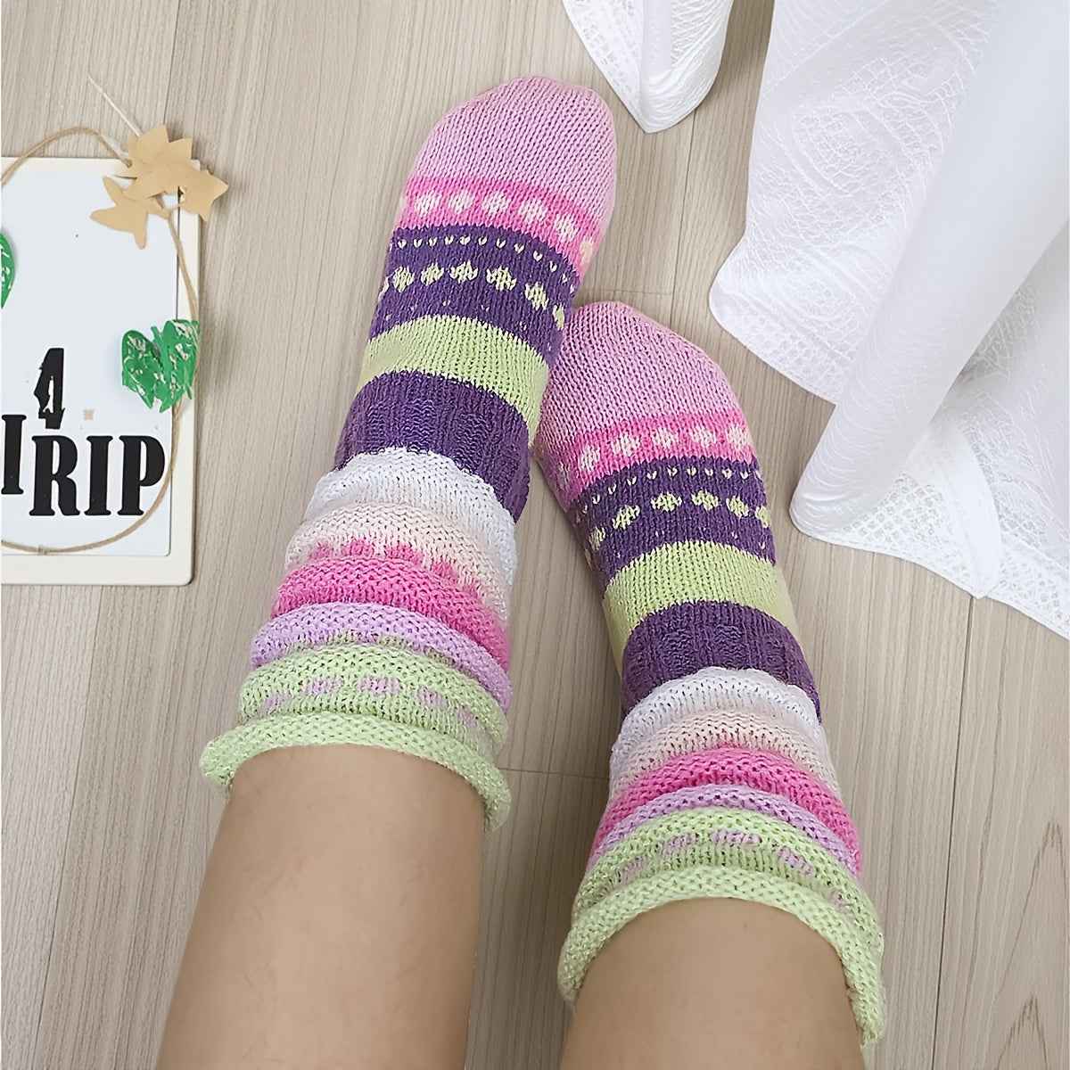 A Pair of Ins-Style Winter Women's Colorful Striped Crew Socks, Cross-Border Women's Mid-Calf Warm Color-Block Floor Socks, Cozy Footwear, Trendy Socks, Insstyle Fashion, Hand Wash Care, Durable Stitching, Women's Socks, Crew