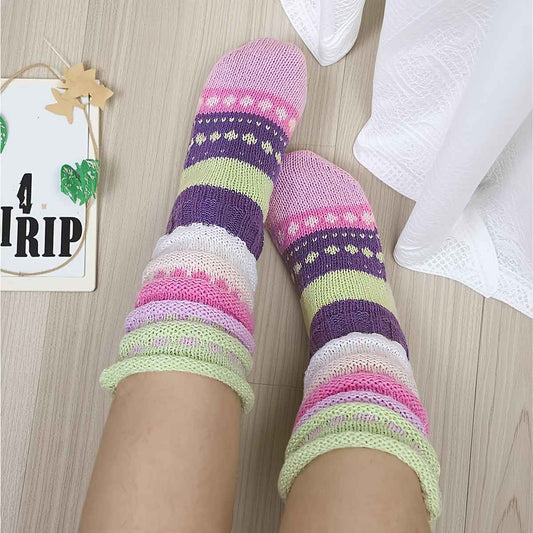 A Pair of Ins-Style Winter Women's Colorful Striped Crew Socks, Cross-Border Women's Mid-Calf Warm Color-Block Floor Socks, Cozy Footwear, Trendy Socks, Insstyle Fashion, Hand Wash Care, Durable Stitching, Women's Socks, Crew