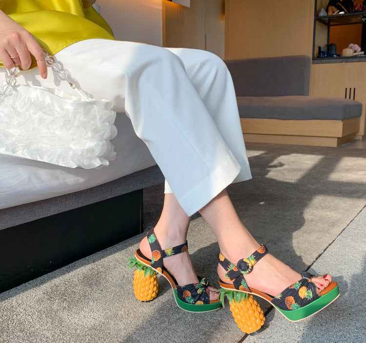 Women's Pineapple Print Platform Sandals - Thick Sole Super High Heels with Ankle Strap Closure, Open-Toe Summer Party Shoes in Pink & Green, Durable Fabric Upper & Rubber Sole for Dressy Occasions, Beachwear, Themed Events -