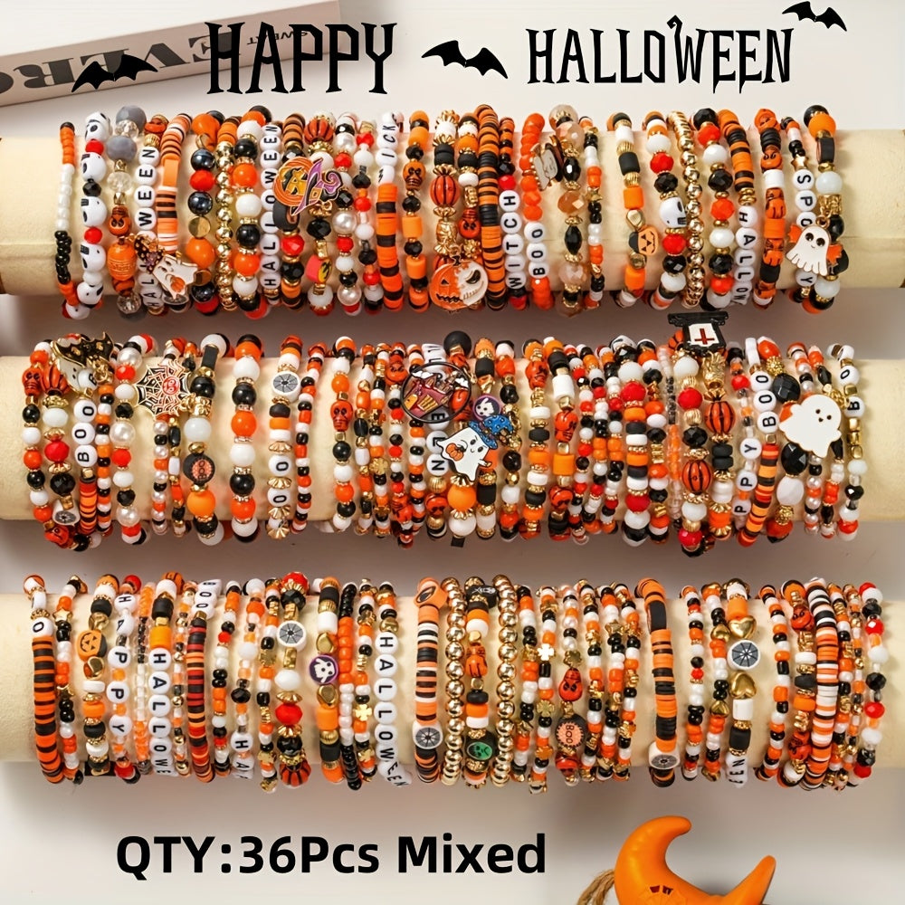 [Spooky Halloween Bracelets] 6/12/18/24/30/36pcs Spooky Halloween Beaded Bracelets | Goth Pumpkin Bat Witch Charm Stretch Stackable Bracelet Set for Women Men - Orange Beads Holiday Jewelry Gifts for Everyday Wear And Parties SS69 19.69 36Pcs Mixed