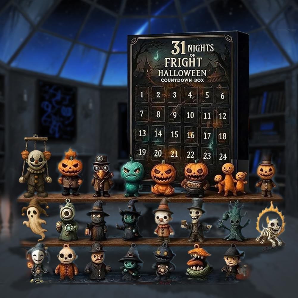 31 Nights of Fright Halloween Countdown Box with Figurines - Spooky Resin Advent Calendar, 2025 Gift Box with Hanging Charms & Mini Decorations, No Electricity Needed, Perfect for Halloween Party Favors, Halloween Decorations SS69