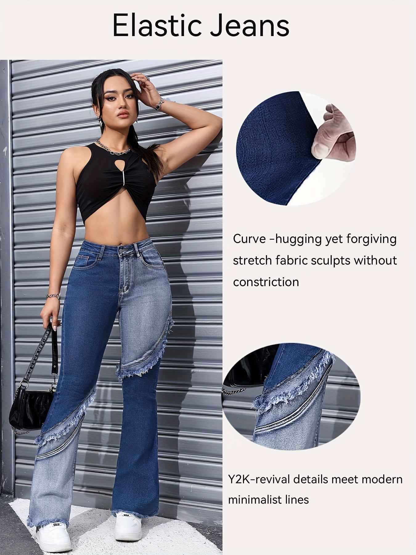 Women's High Waist Stretch Denim Jeans - Slim Fit Y2K Street Style with Two-Tone Patchwork & Raw Edge Flared Legs, Machine Washable Blue Washed Trousers, Trendy Outfit Pants, Bellbottom Silhouette, Detailed Stitching