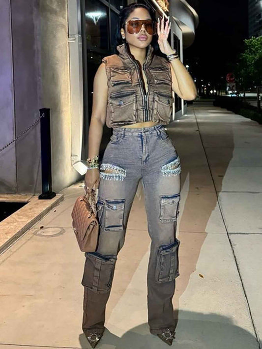 Women's Fashion Jeans Women's Fashion Retro Tassel Diamond Multi-Pocket Overalls