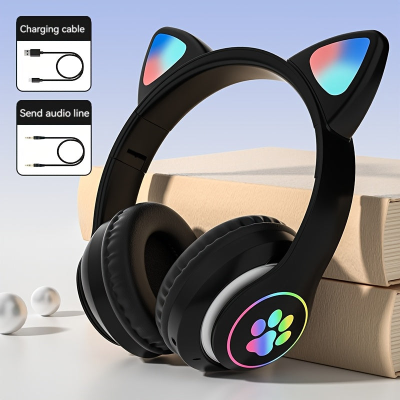 Wireless & Wired Foldable Cat Ear Over-Ear Gaming Headset With LED Lights - Hi-Fi Stereo, Detachable Audio Cable, Built-in Mic, USB Rechargeable, Perfect Gift For Anime & Gaming Girls SS69 18.69 Black
