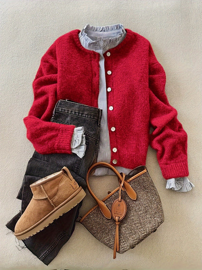 Women'S Soft Alpaca Sweater - Elegant Long Sleeve Button-Front Cardigan with Relaxed Fit & Open Collar, Warm Winter Coat Sweater for Casual & Formal Outfits, Cozy Fall Winter Sweater for Women (Red, Brown, Black, Grey, Beige) SS69