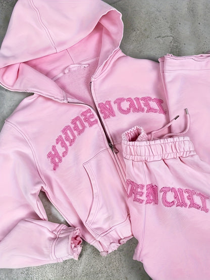 Chic Women's Athletic Set: Full-Zip Hoodie & Slim-Fit Pants - Comfortable, Adjustable, and Stylish with Letter Print Design - SS69