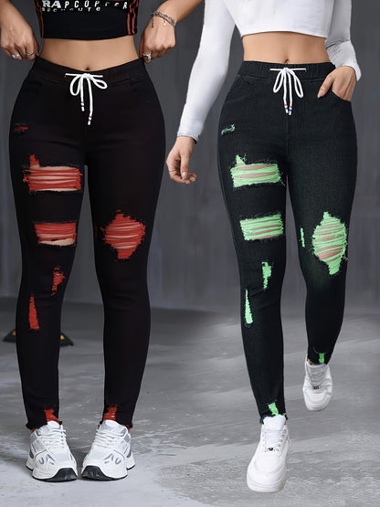 Women's High-Waisted Stretch Skinny Jeans - Black with Red & Green Thread Geometric Pattern, Y2K Distressed Ripped Cuffs & Slant Pockets, 85% Rayon/2% Elastane/13% Polyester Blend, Machine Washable All-Season Casual Pants SS69