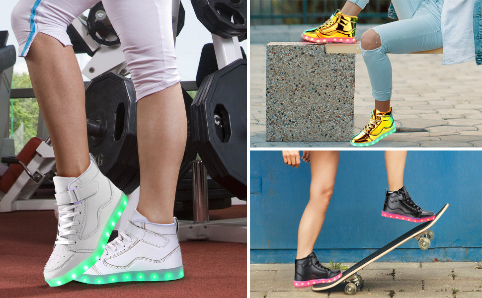 LED Lights Up Dacing Shoes | Lace Up Couples Sneakers, Luminous Flashing Trainers for Dancing, Party Festivals | High Top, Solid Color, Hook-and-Loop Fastener