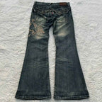 Women's Vintage Y2K Jeans - Mid-Rise Flared Pants, Washed Black Retro Leggings for 2000s Fashion Outfits, Casual & Formal Events - All-Season Jeans, Embroidered Details, Durable Fabric, Stylish Bottoms, Women, Trendy Outfit,