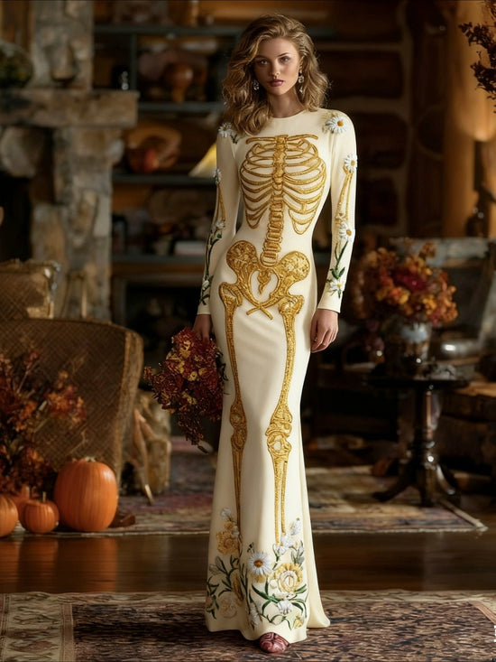 Women's Gothic Vampire Costume Dress - Full-Body Skeleton Print & Anatomical Heart Design Long Sleeve Maxi Gown with A-Line Silhouette, Short Train Hem for Halloween Parties, Prom, Themed Events - Machine Washable Gothic Wedd SS69