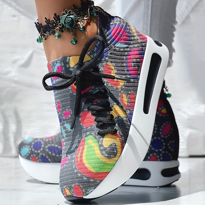 [Abstract Sneakers] Casual Abstract Print Wedge Sneakers | Side Lace-up - Without Anklet SS69 25.69 Black Colorful / US 11.5