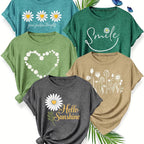 5pcs Women'S Casual Crew Neck Short Sleeve T-Shirts - Floral, Heart, and Smile Print Designs in Purple, Green, Pink, and Blue - Soft Stretch Fabric for Spring, Summer, and Fall, Plus Sizes Available, Plus Size Tee | Floral Pr SS69 47.69 Mixed Color 1 / XL