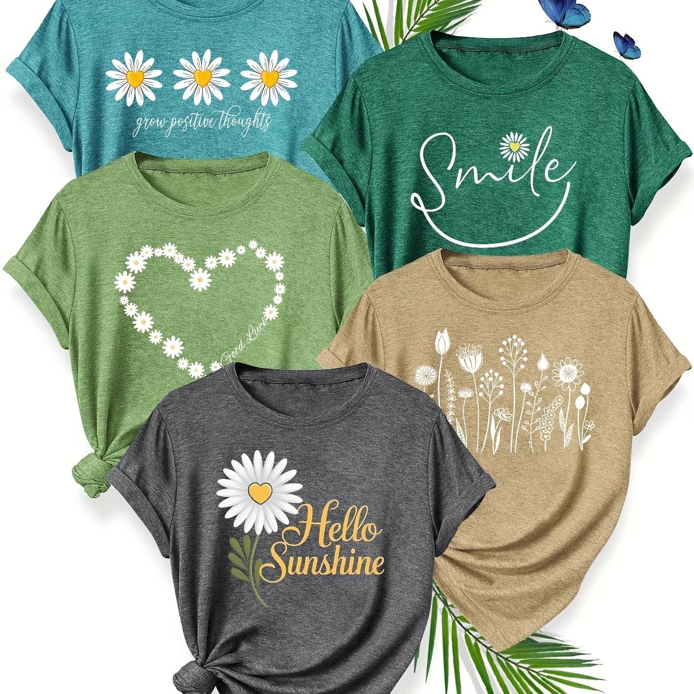 5pcs Women'S Casual Crew Neck Short Sleeve T-Shirts - Floral, Heart, and Smile Print Designs in Purple, Green, Pink, and Blue - Soft Stretch Fabric for Spring, Summer, and Fall, Plus Sizes Available, Plus Size Tee | Floral Pr SS69 47.69 Mixed Color 1 / XL