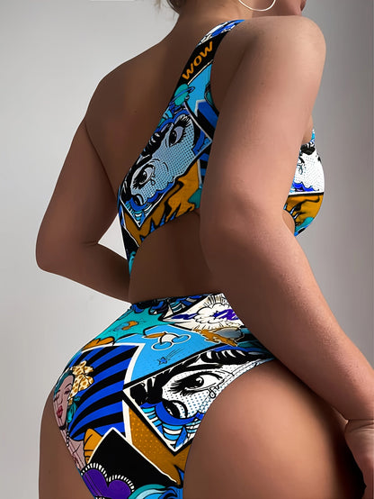 Women'S Vibrant One-Shoulder Swimsuit with Colorful Cartoon Characters - High Stretch, Asymmetrical Design, Perfect for Beach and Pool, Pool Swimsuit|Playful Design|One Shoulder Swimsui SS69