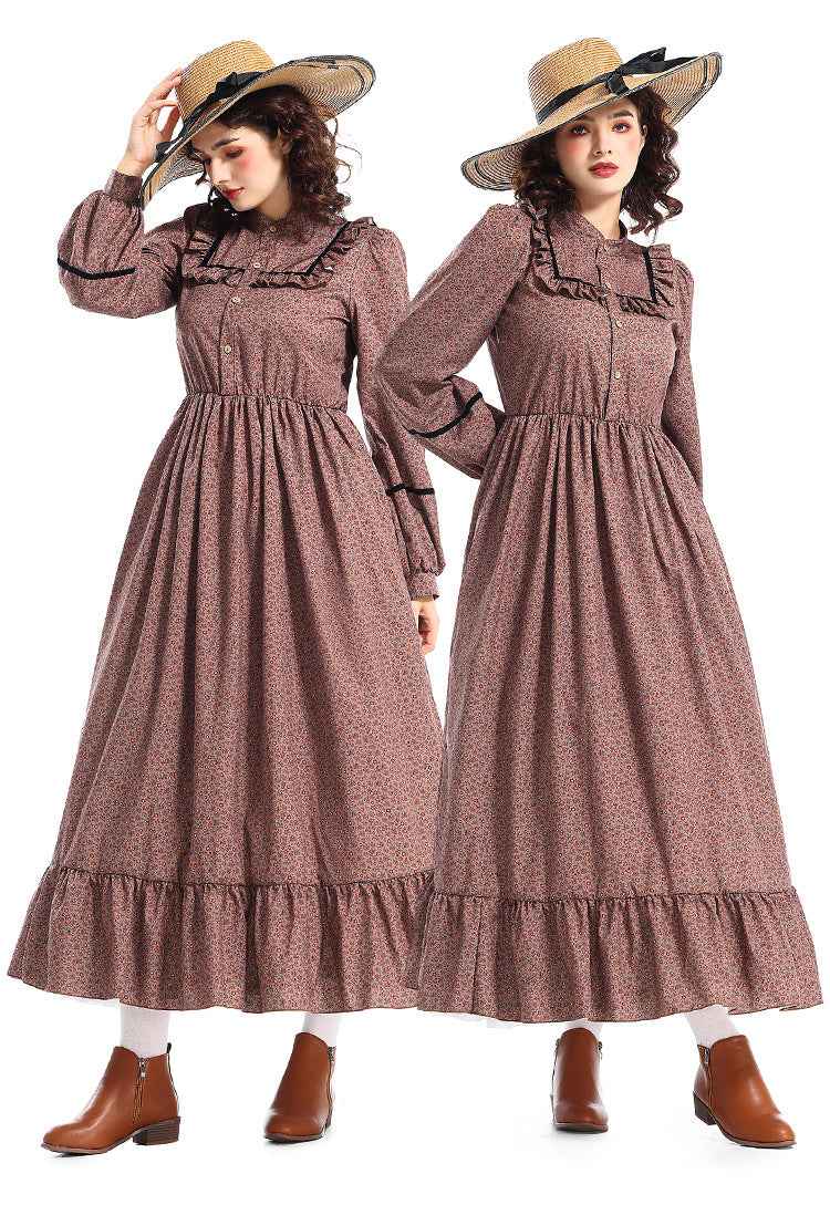 Women's Victorian-Inspired Victorian Maid Dress - Brown & A-Line Full-Length Skirt Set with Ruffled Collar & Waist Belt, Loose-Fit Long Sleeve Costume for Renaissance Fairs, Historical Role-Play & Themed Parties (No Lining)