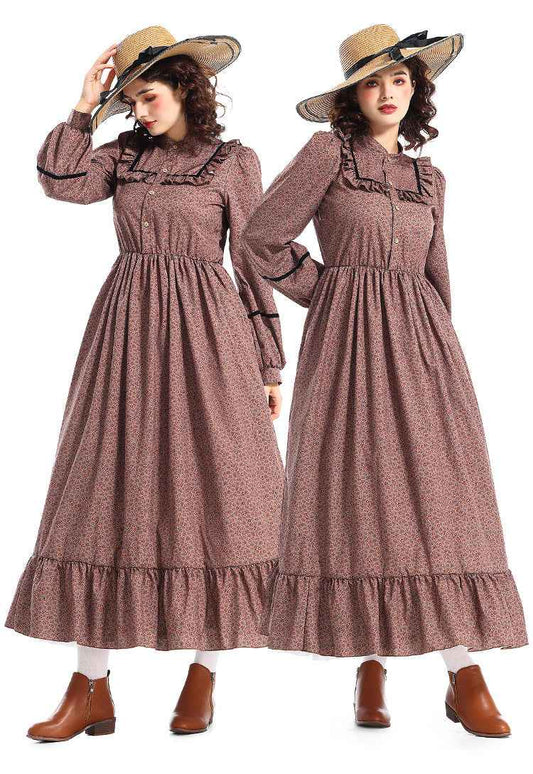 Women's Victorian-Inspired Victorian Maid Dress - Brown & A-Line Full-Length Skirt Set with Ruffled Collar & Waist Belt, Loose-Fit Long Sleeve Costume for Renaissance Fairs, Historical Role-Play & Themed Parties (No Lining)