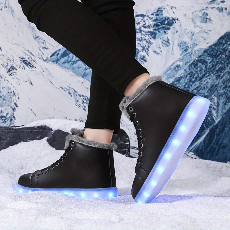 LED Glow Shoes - USB-Powered Winter Warmth, High-Top Sneakers with Glowing Lights, Lace-Up Closure, TPR Sole - for Men & Women, Skateboarding, Winter Sports, Skateboarding Footwear, Trendy Footwear, Durable Footwear